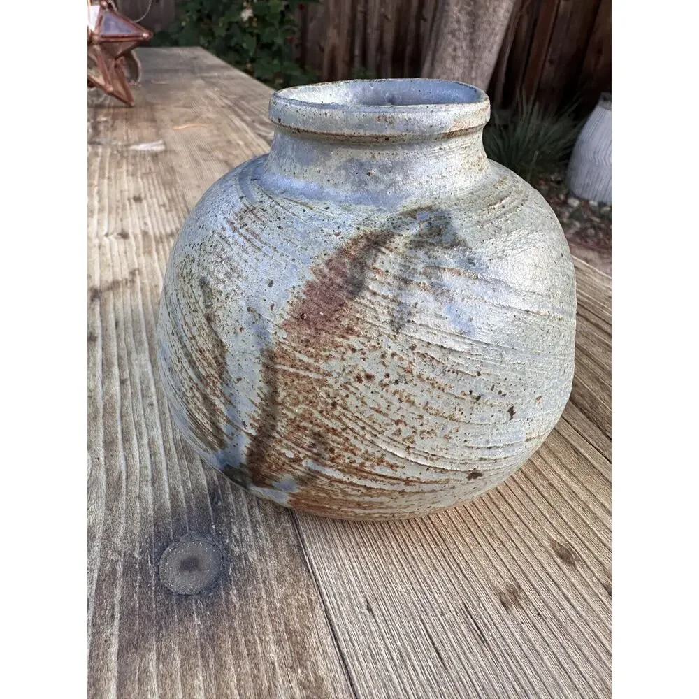 Vintage Speckle Studio Art Pottery Vase Rustic Signed Fern Agave Print